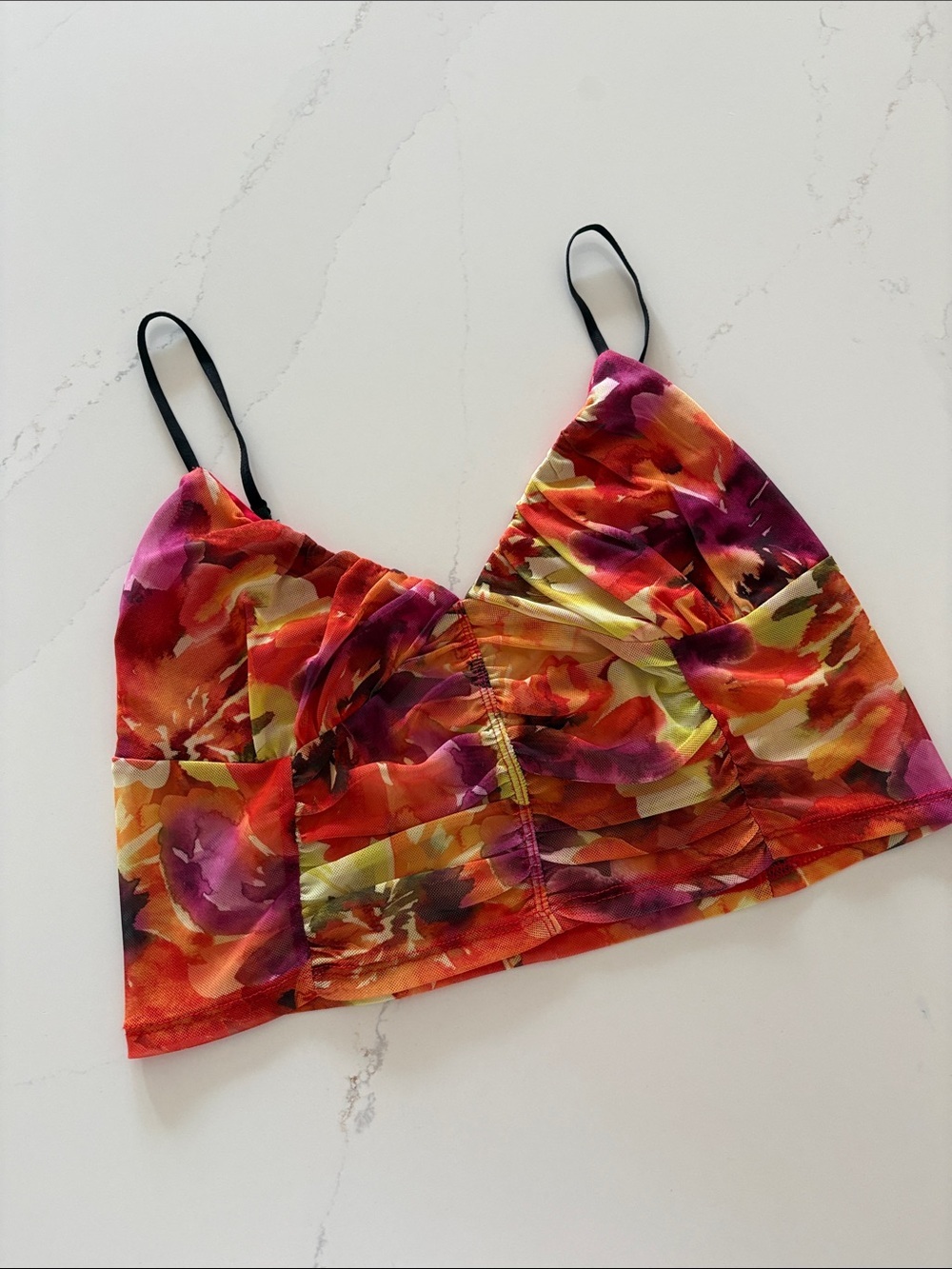 Garage Floral Ruched Crop Cami Top in Multi-Color Adjustable straps Size Large